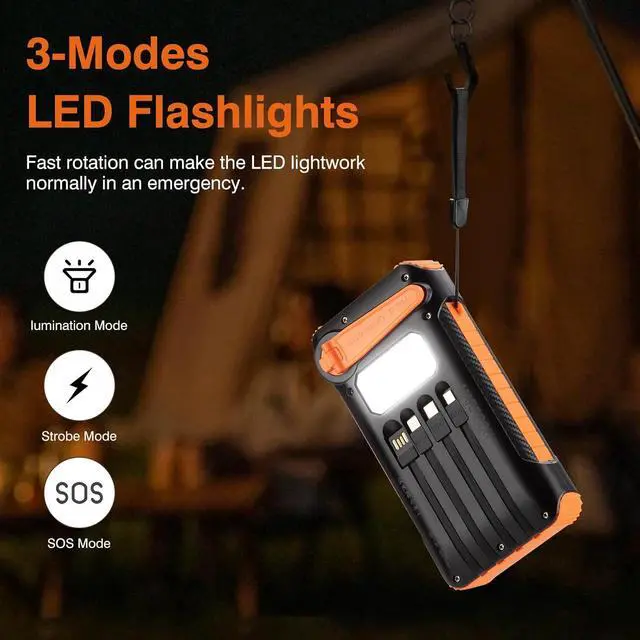 Alt view image 6 of 7 - Solar Power Bank 20000mAh Built in Hand Crank and 4 Cables,22.5W Fast Charge Power Bank Solar Portable Charger LEDs Flashlight,Fast Charging Battery Pack for Outdoor Camping Survival Gear