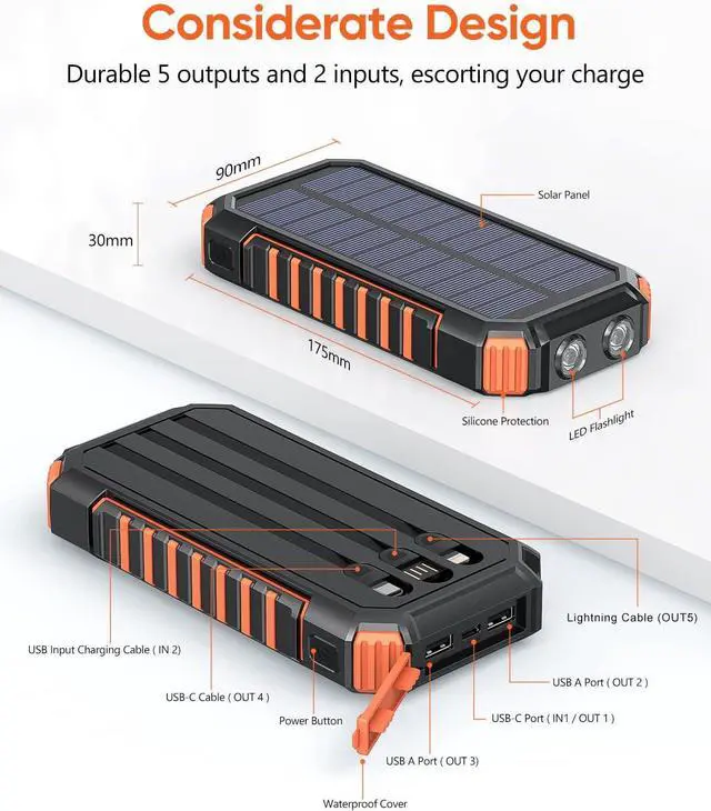 Alt view image 3 of 7 - Riapow Solar Charger Power Bank - 27000mAh Portable Phone Charger with Built-in USB Cables 3.0A Fast Charge Battery Pack, 5 Outputs & 2 Inputs for Smartphone, Tablet