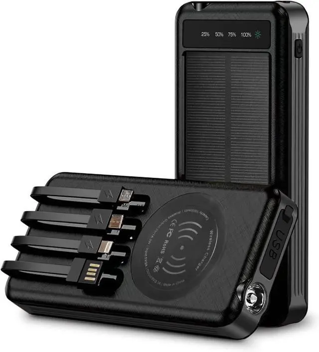 Main image of Solar Power Bank & Wireless Charging  Portable 10000mAh Battery Pack with LED Flashlight 4 Built-in USB Cables Waterproof Outdoor Charger for Camping Travel Emergency Backup
