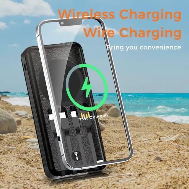 Alt view image 2 of 7 - Solar Power Bank & Wireless Charging  Portable 10000mAh Battery Pack with LED Flashlight 4 Built-in USB Cables Waterproof Outdoor Charger for Camping Travel Emergency Backup