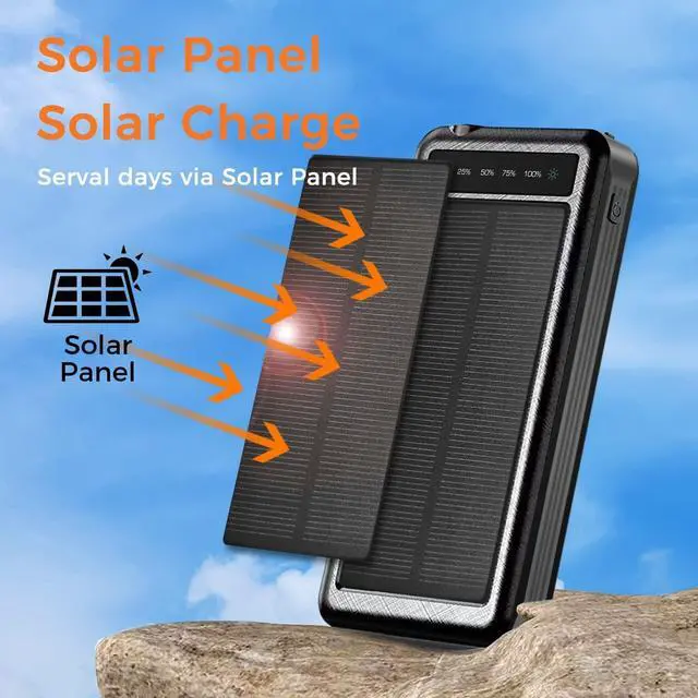 Alt view image 3 of 7 - Solar Power Bank & Wireless Charging  Portable 10000mAh Battery Pack with LED Flashlight 4 Built-in USB Cables Waterproof Outdoor Charger for Camping Travel Emergency Backup