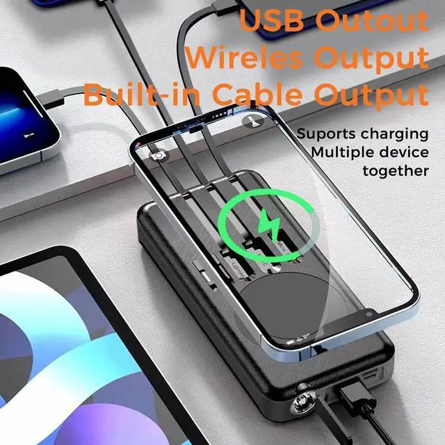 Alt view image 4 of 7 - Solar Power Bank & Wireless Charging  Portable 10000mAh Battery Pack with LED Flashlight 4 Built-in USB Cables Waterproof Outdoor Charger for Camping Travel Emergency Backup