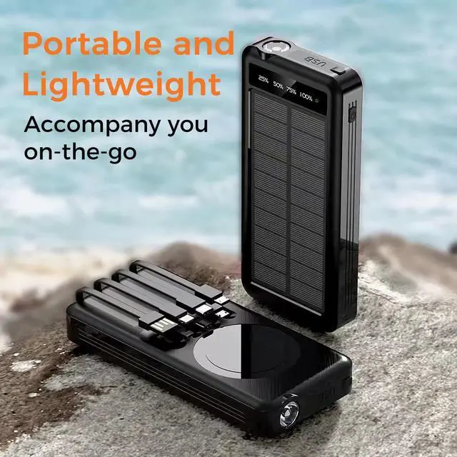 Alt view image 6 of 7 - Solar Power Bank & Wireless Charging  Portable 10000mAh Battery Pack with LED Flashlight 4 Built-in USB Cables Waterproof Outdoor Charger for Camping Travel Emergency Backup