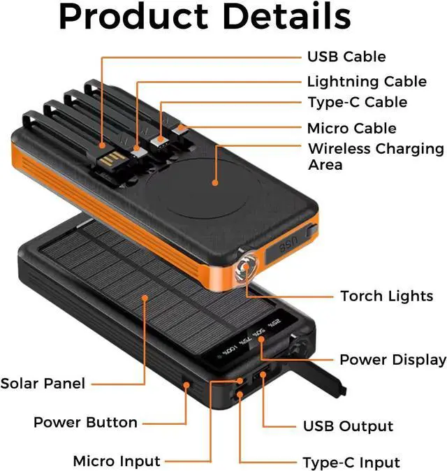 Alt view image 7 of 7 - Solar Power Bank & Wireless Charging  Portable 10000mAh Battery Pack with LED Flashlight 4 Built-in USB Cables Waterproof Outdoor Charger for Camping Travel Emergency Backup