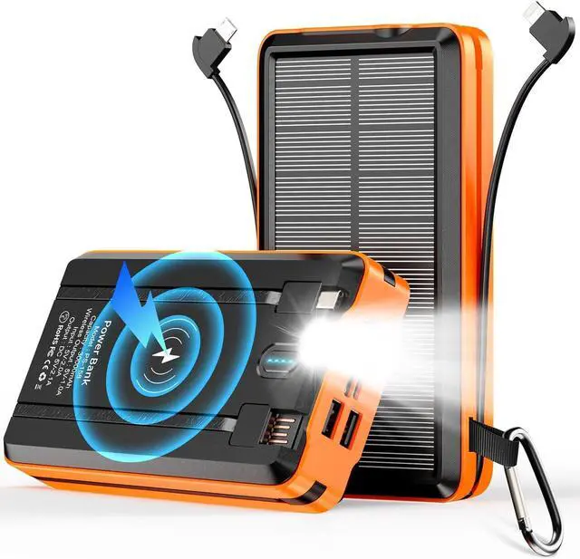 Main image of Solar Power Bank Portable Charger 52800mAh 5V/3A Fast Charging Battery Pack with Built in 4 Cables 2 Outputs & LED Flashlight for All Mobile Devices Camping Traver Outdoor