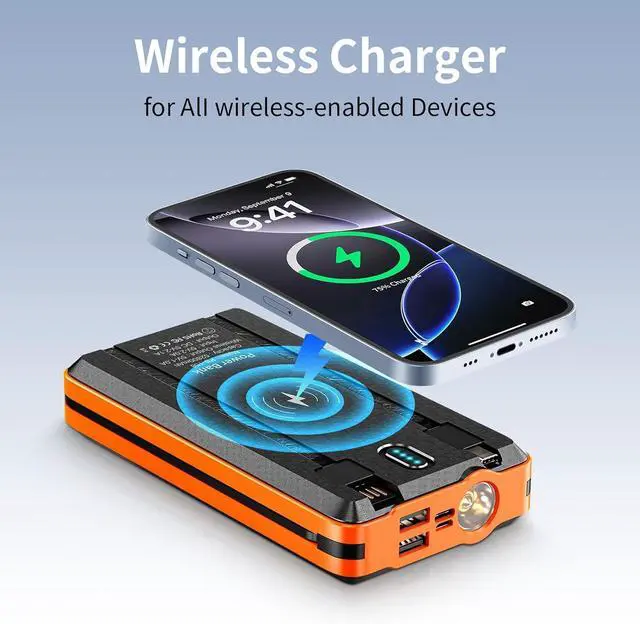 Alt view image 5 of 7 - Solar Power Bank Portable Charger 52800mAh 5V/3A Fast Charging Battery Pack with Built in 4 Cables 2 Outputs & LED Flashlight for All Mobile Devices Camping Traver Outdoor