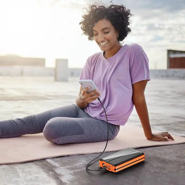 Alt view image 6 of 7 - Solar Power Bank Portable Charger 52800mAh 5V/3A Fast Charging Battery Pack with Built in 4 Cables 2 Outputs & LED Flashlight for All Mobile Devices Camping Traver Outdoor