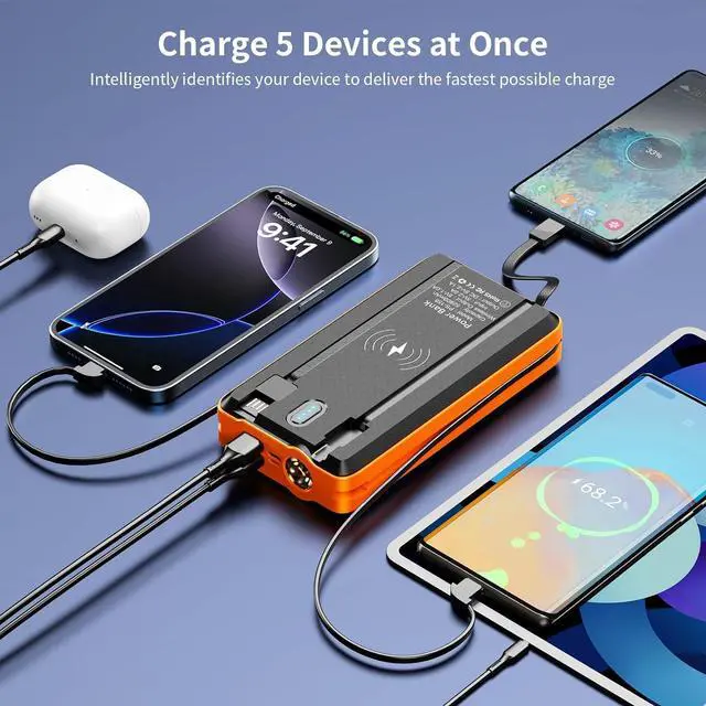 Alt view image 7 of 7 - Solar Power Bank Portable Charger 52800mAh 5V/3A Fast Charging Battery Pack with Built in 4 Cables 2 Outputs & LED Flashlight for All Mobile Devices Camping Traver Outdoor