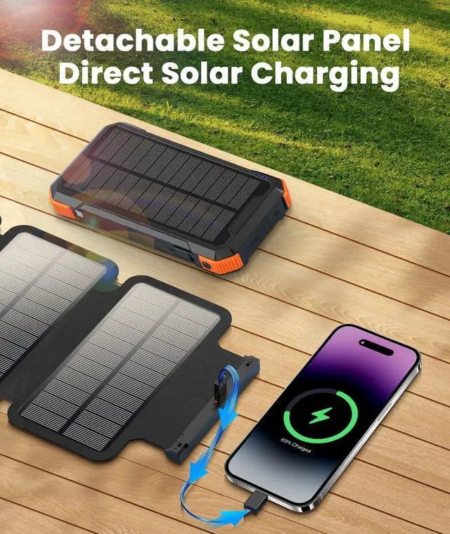 Alt view image 3 of 7 - Solar Charger with 7 Panels Portable Solar Power Bank 15W Fast Charging Hand Crank Generator Built-in Lighter & Dual Flashlights