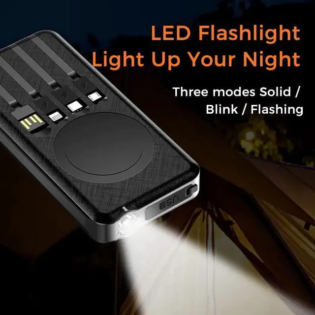 Alt view image 5 of 7 - Solar Power Bank & Wireless Charging  Portable 10000mAh Battery Pack with LED Flashlight 4 Built-in USB Cables Waterproof Outdoor Charger for Camping Travel Emergency Backup
