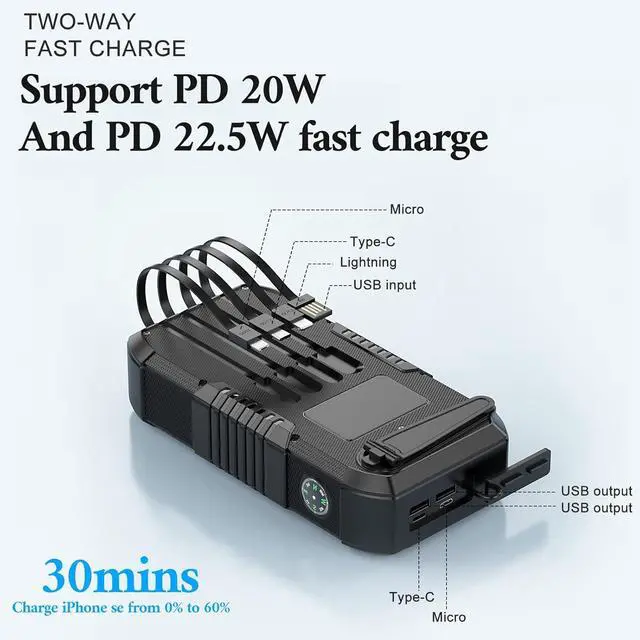 Alt view image 5 of 7 - Solar Power Bank 66800mAh Hand Crank 22.5W USB-C Fast Charging 6 Outputs & 4 Inputs SOS/Strobe/Compass for Camping/Hiking/Trips (Black)