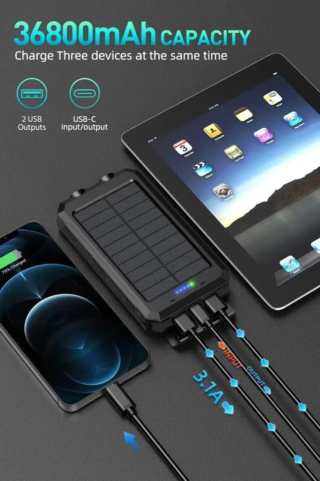 Alt view image 2 of 7 - Power Bank Solar Charger 36800mAh 5V3.1A QC 3.0 Dual 2 USB Port Built-in Powerful Flashlight IPX7(Black)