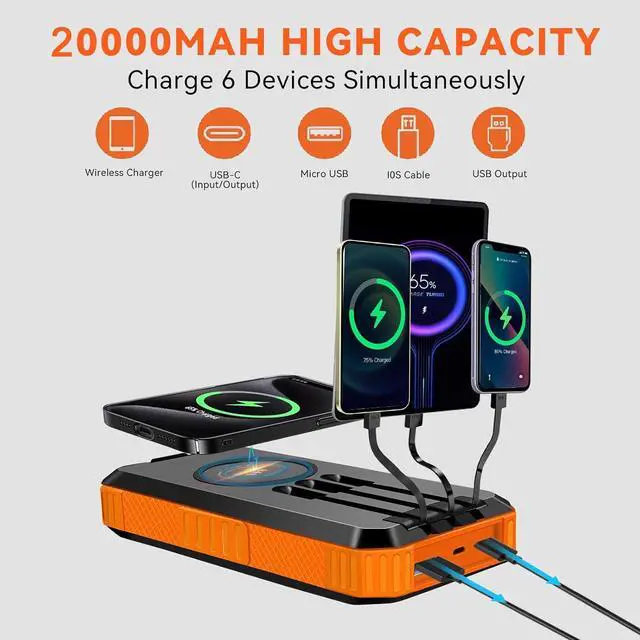 Alt view image 6 of 7 - Power-Bank-Solar-Charger - 20000mAh Power Bank Portable Charger External Battery Pack 5V/2.1A Qc 3.0 Fast Charging Built-in Super Bright Flashlight Compass Carabiner Solar Panel Charging