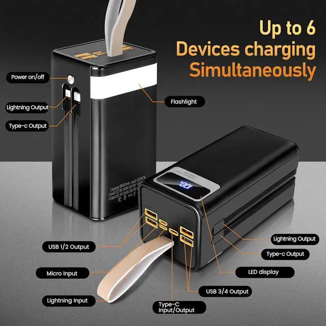 Alt view image 4 of 6 - Power Bank 50000mah Full Capacity 22.5W Fast Charging with Build-in Cables LED Display and Flash Light for Camping Portable Charger Power Bank for Cell Phones and Tablets.
