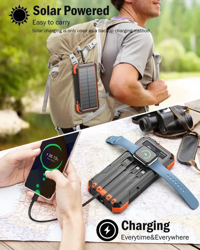 Alt view image 7 of 7 - Solar Power Bank 20000mAh Built in 4 Cables 20W Fast Charging Portable Charger with USB C in/Output Flashlight Wireless Charging Battery pack for  Watches Compatible with All Mobile Phones