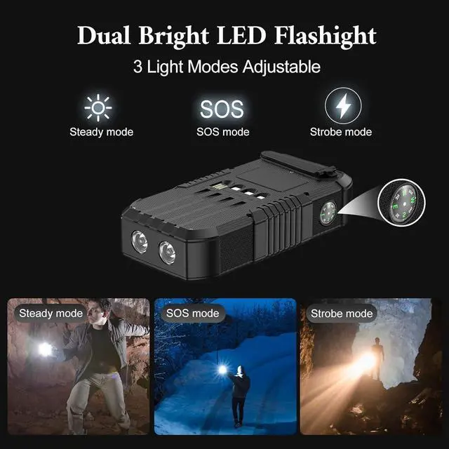 Alt view image 6 of 7 - Solar Power Bank 66800mAh Hand Crank 22.5W USB-C Fast Charging 6 Outputs & 4 Inputs SOS/Strobe/Compass for Camping/Hiking/Trips (Black)