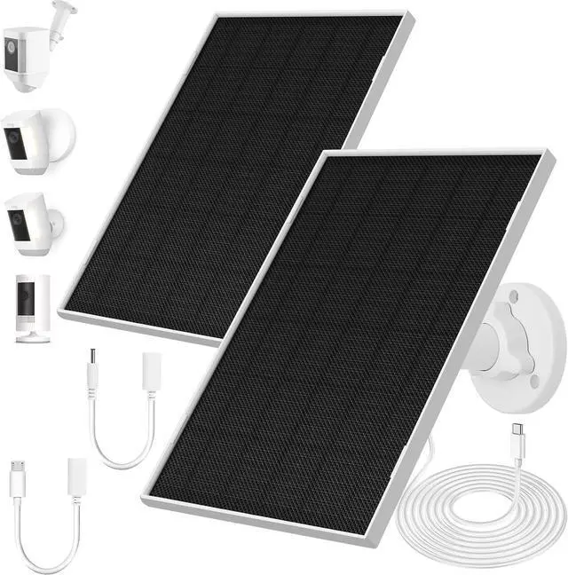 Main image of 2 Pack Ring Solar Panels Charger 6.5W Solar Panels Supply for Security Camera Waterproof Solar Panel Charger with Type-C Micro USB and DC Port 360°Adjustable Mounting