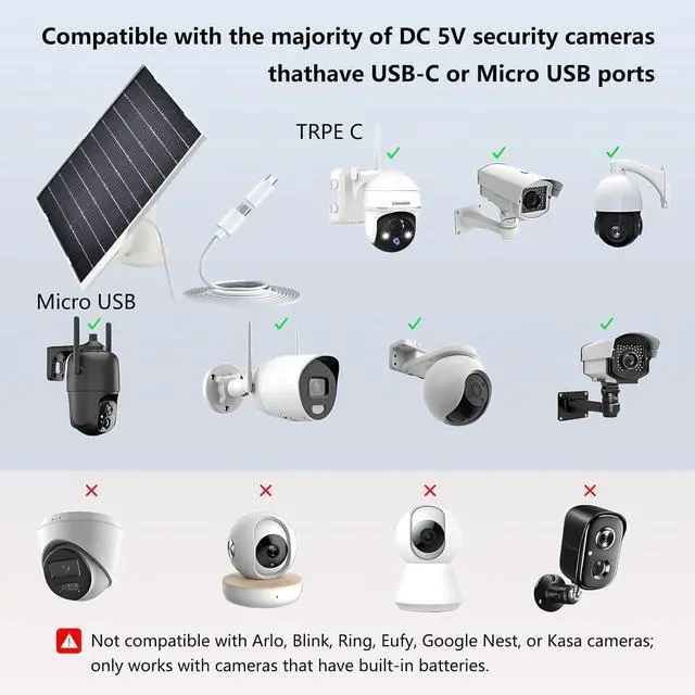Alt view image 3 of 7 - Solar Panel for Security Camera 5V9W IP65 Waterproof Camera SolarPanel with 360°Adjustable Mounting USB Solar Panel for Security Camera with USB-C Port & MicroUSB Long Charging Cable(2 Pack)