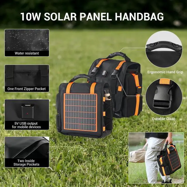 Alt view image 3 of 7 - Solar Panel Charging Bag for Outdoor Camping 10W 5V Charge for Phones and Device Contains 1 Rechargeable Folding Fan and 3 Different Rechargeable Camping Lamps 5 in 1 Camping Essentials Handbag