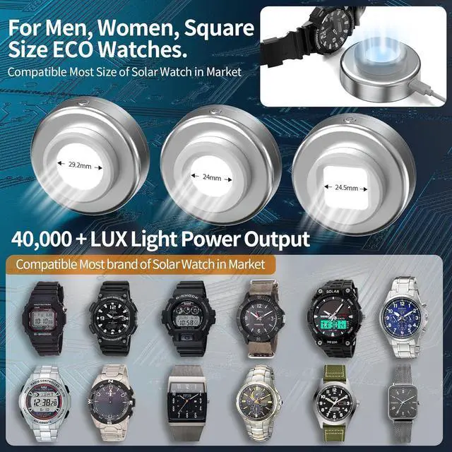 Alt view image 3 of 7 - Solar Watch Fast Charger Led Light Charging Solar Watches with Men Women & Square 3 Size Caps Compatible Casio G Shock Tough Protrek Seiko Citizen Garmin Timex Bering FANMIS