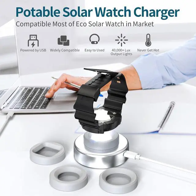 Alt view image 5 of 7 - Solar Watch Fast Charger Led Light Charging Solar Watches with Men Women & Square 3 Size Caps Compatible Casio G Shock Tough Protrek Seiko Citizen Garmin Timex Bering FANMIS