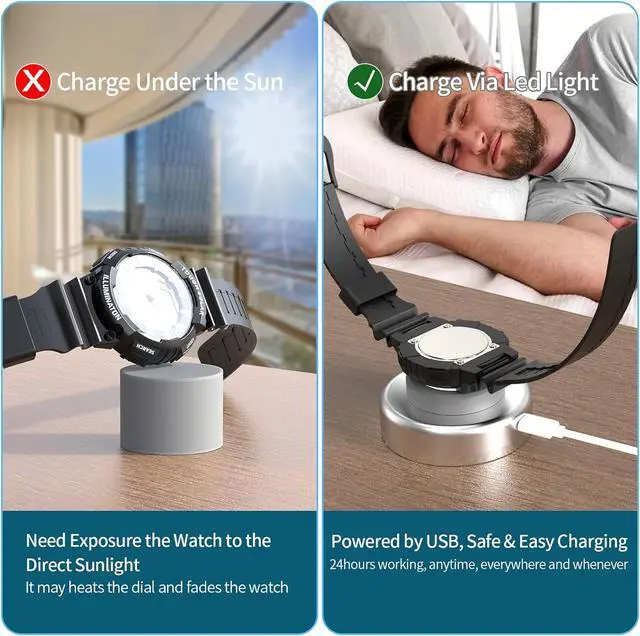 Alt view image 6 of 7 - Solar Watch Fast Charger Led Light Charging Solar Watches with Men Women & Square 3 Size Caps Compatible Casio G Shock Tough Protrek Seiko Citizen Garmin Timex Bering FANMIS