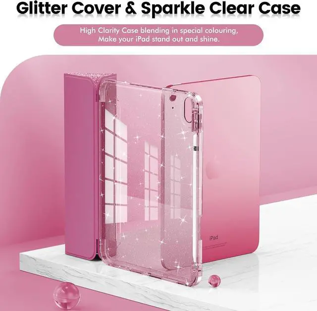 Alt view image 3 of 7 - Compatible with iPad A16 11th Generation 11 Inch 2025 Case iPad Case 10th Generation 10.9 Inch Glitter Cover with Sparkly Clear Back Pencil Holder for Kids Girls (Rose Pink)