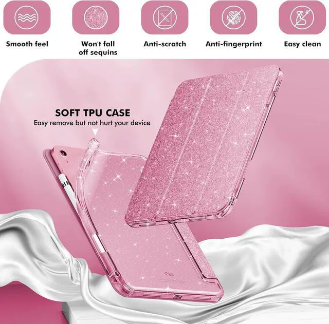 Alt view image 4 of 7 - Compatible with iPad A16 11th Generation 11 Inch 2025 Case iPad Case 10th Generation 10.9 Inch Glitter Cover with Sparkly Clear Back Pencil Holder for Kids Girls (Rose Pink)