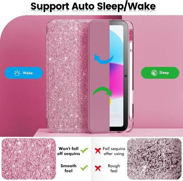 Alt view image 5 of 7 - Compatible with iPad A16 11th Generation 11 Inch 2025 Case iPad Case 10th Generation 10.9 Inch Glitter Cover with Sparkly Clear Back Pencil Holder for Kids Girls (Rose Pink)