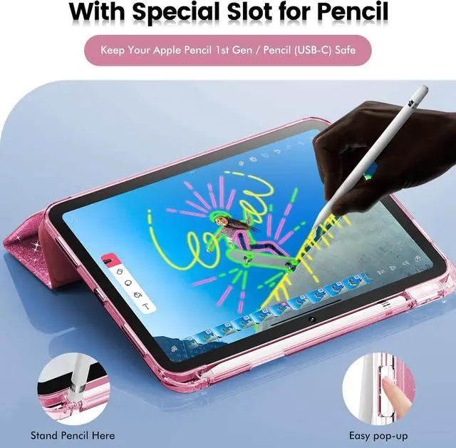 Alt view image 6 of 7 - Compatible with iPad A16 11th Generation 11 Inch 2025 Case iPad Case 10th Generation 10.9 Inch Glitter Cover with Sparkly Clear Back Pencil Holder for Kids Girls (Rose Pink)