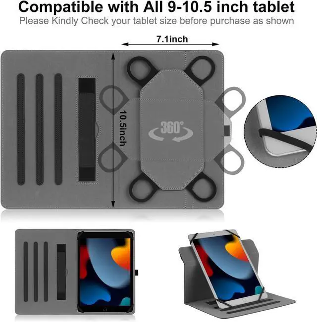 Alt view image 2 of 6 - Universal 9 10 10.1 inch Android Tablet Case Slim 360 Degree Rotatable Back Cover Folio Case for Universal 9-11 inch Tablet with Multi-Angle Viewing Stand Black