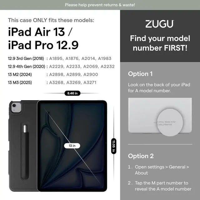 Alt view image 2 of 7 - Zugu Case for iPad Air 13 Inch M3 2025 & M2 2024 &/12.9 inch (3rd/4th Gen) Slim Protective Cover with  Pencil Charging & Storage Auto Wake/Sleep Multiple Viewing Angles (Black)