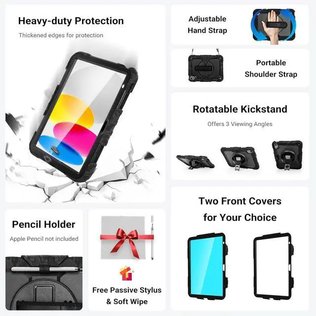 Alt view image 3 of 7 - Shockproof Case for iPad 11th Gen 11 A16 2025 iPad 10th Gen 10.9 Rugged Case with Screen Protector 360° Rotating Handle & Stand Shoulder Strap Pencil Holder for Men Kids Camouflage