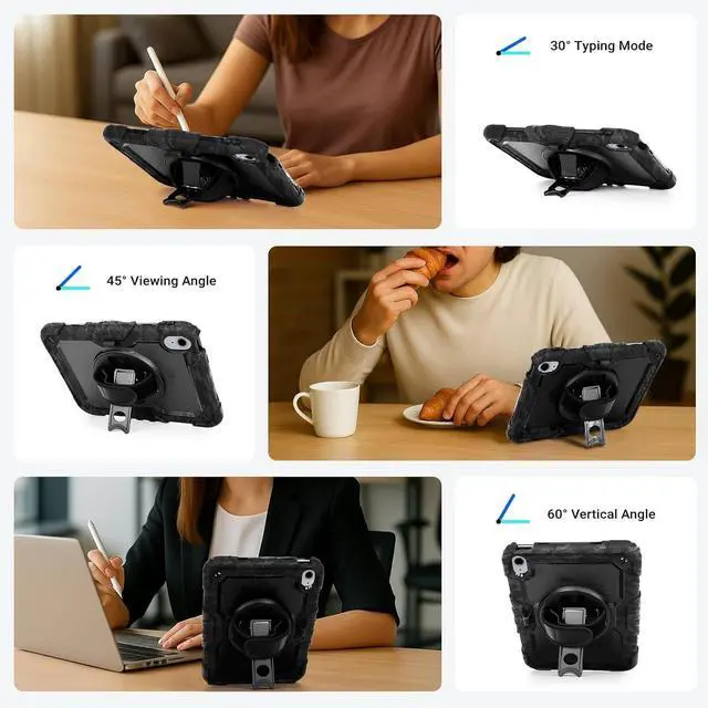 Alt view image 4 of 7 - Shockproof Case for iPad 11th Gen 11 A16 2025 iPad 10th Gen 10.9 Rugged Case with Screen Protector 360° Rotating Handle & Stand Shoulder Strap Pencil Holder for Men Kids Camouflage