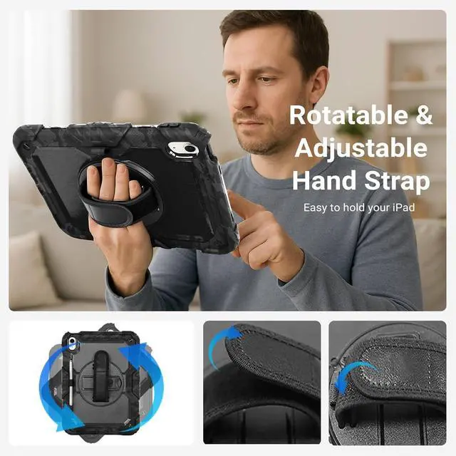 Alt view image 6 of 7 - Shockproof Case for iPad 11th Gen 11 A16 2025 iPad 10th Gen 10.9 Rugged Case with Screen Protector 360° Rotating Handle & Stand Shoulder Strap Pencil Holder for Men Kids Camouflage