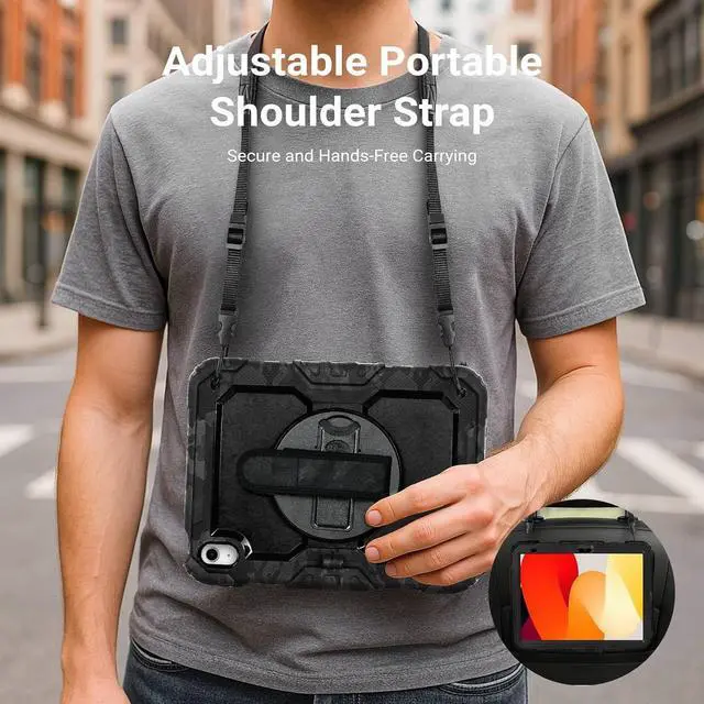 Alt view image 7 of 7 - Shockproof Case for iPad 11th Gen 11 A16 2025 iPad 10th Gen 10.9 Rugged Case with Screen Protector 360° Rotating Handle & Stand Shoulder Strap Pencil Holder for Men Kids Camouflage