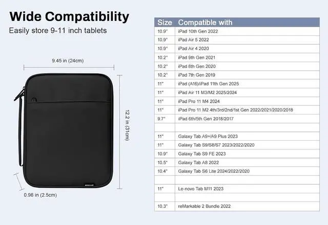 Alt view image 2 of 7 - 9-11 Inch Tablet Sleeve Bag Padded Carrying Case for iPad A16 11 2025 iPad 10th Gen/Air 5th 4th Gen 10.9 i-Pad Air/Pro 11 i-Pad 10.2 Galaxy Tab A9+ Plus 11 reMarkable 2 10.3 Black
