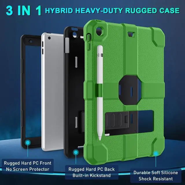 Alt view image 3 of 7 - Case for iPad 9th/8th/7th Generation 2021/2020/2019(10.2 inch) Heavy Duty Shockproof Rugged Protective 10.2 Cover with Built-in Stand for iPad 9 8 7 Gen(Black+Green)