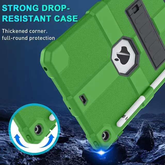 Alt view image 4 of 7 - Case for iPad 9th/8th/7th Generation 2021/2020/2019(10.2 inch) Heavy Duty Shockproof Rugged Protective 10.2 Cover with Built-in Stand for iPad 9 8 7 Gen(Black+Green)