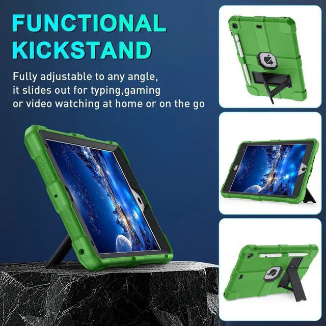 Alt view image 2 of 7 - Case for iPad 9th/8th/7th Generation 2021/2020/2019(10.2 inch) Heavy Duty Shockproof Rugged Protective 10.2 Cover with Built-in Stand for iPad 9 8 7 Gen(Black+Green)