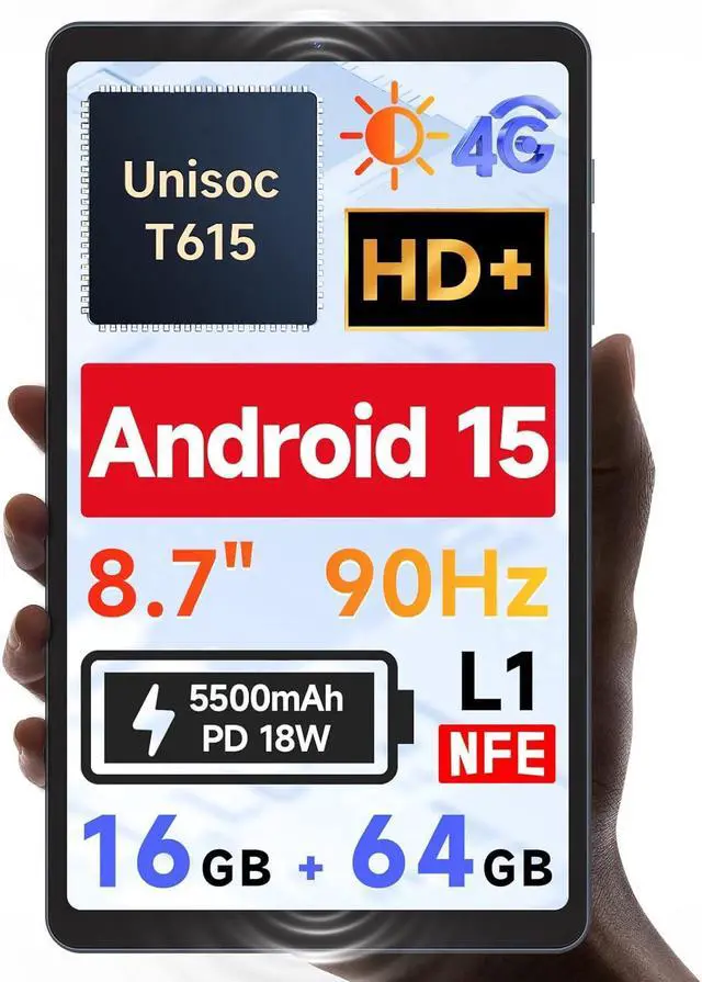 Main image of [2025 New Android 15] 8.7 Tablet Unisoc T615 (8 Core) HD IPS 800x1340 90Hz Reflex 350Nit Widevine L1 5MP Camera 4G LTE 2.4G/5G WiFi BT5.0 5500mAh PD18W 16GB+64GB(1TB TF)