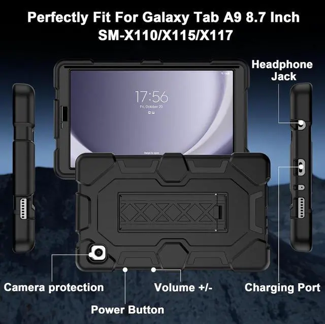 Alt view image 4 of 7 - Case for  Galaxy Tab A9 Case 8.7 Inch 2023 Model (SM-X110/X115/X117) Heavy Duty Shockproof Hybrid Three Layer Protective Cover with Kickstand for  A9 Tablet 8.7 Black