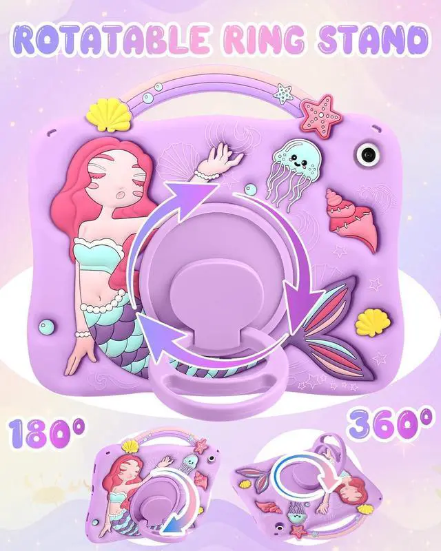 Alt view image 3 of 6 - Boaretiu for Galaxy Tab A9 Plus Case - Cute Cartoon Mermaids Soft 3D Silicone for  A9 Plus Tablet Case with Strap & Rotating Stand Girls Teens Tab A9+ 11 Inch Tablet Cover