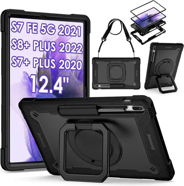 Main image of 360 Rotating Hybrid Case for  Galaxy Tab S7 FE 5G/ S8+Plus/ S7+Plus 12.4 with S Pen Holder & Shoulder Strap 360 Degree Swivel Kickstand Heavy Duty Hybrid Bumper Protective Kids Cover