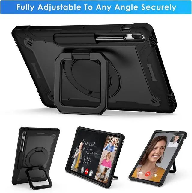 Alt view image 4 of 7 - 360 Rotating Hybrid Case for  Galaxy Tab S7 FE 5G/ S8+Plus/ S7+Plus 12.4 with S Pen Holder & Shoulder Strap 360 Degree Swivel Kickstand Heavy Duty Hybrid Bumper Protective Kids Cover