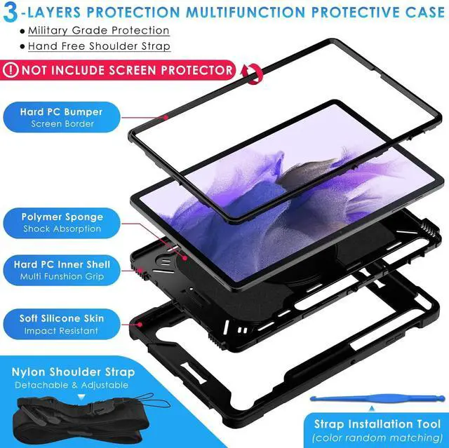 Alt view image 5 of 7 - 360 Rotating Hybrid Case for  Galaxy Tab S7 FE 5G/ S8+Plus/ S7+Plus 12.4 with S Pen Holder & Shoulder Strap 360 Degree Swivel Kickstand Heavy Duty Hybrid Bumper Protective Kids Cover
