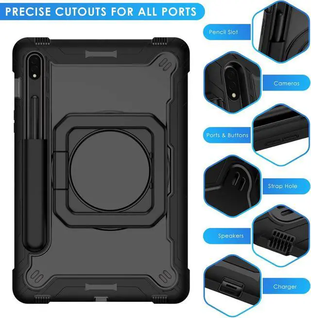 Alt view image 6 of 7 - 360 Rotating Hybrid Case for  Galaxy Tab S7 FE 5G/ S8+Plus/ S7+Plus 12.4 with S Pen Holder & Shoulder Strap 360 Degree Swivel Kickstand Heavy Duty Hybrid Bumper Protective Kids Cover