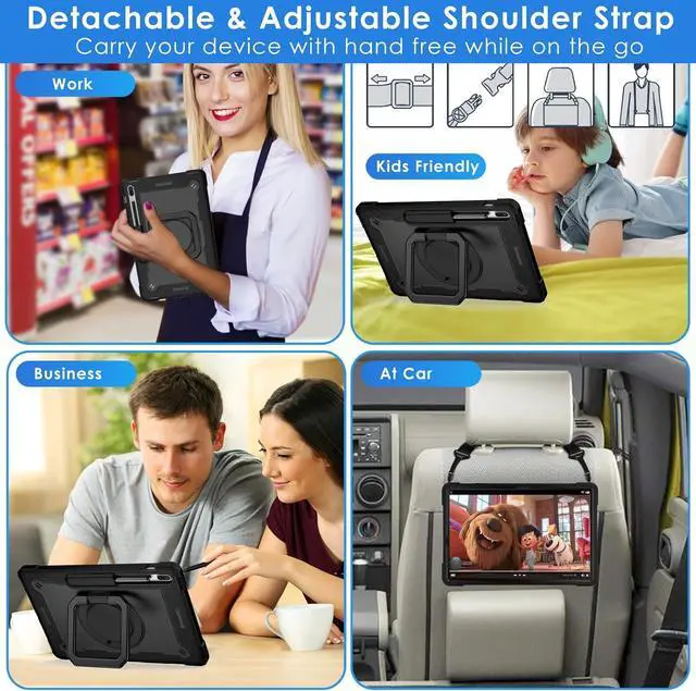 Alt view image 7 of 7 - 360 Rotating Hybrid Case for  Galaxy Tab S7 FE 5G/ S8+Plus/ S7+Plus 12.4 with S Pen Holder & Shoulder Strap 360 Degree Swivel Kickstand Heavy Duty Hybrid Bumper Protective Kids Cover