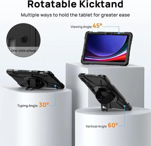 Alt view image 4 of 7 - Case for  Galaxy Tab S10 FE/S9 FE/S9/S8/S7 5G 10.9/11 Full-Body Drop Protective Case with Screen Protector Pencil Holder 360 Rotating Handle Stand Strap Cover for Tab S9 FE Black