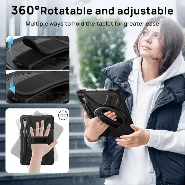 Alt view image 6 of 7 - Case for  Galaxy Tab S10 FE/S9 FE/S9/S8/S7 5G 10.9/11 Full-Body Drop Protective Case with Screen Protector Pencil Holder 360 Rotating Handle Stand Strap Cover for Tab S9 FE Black